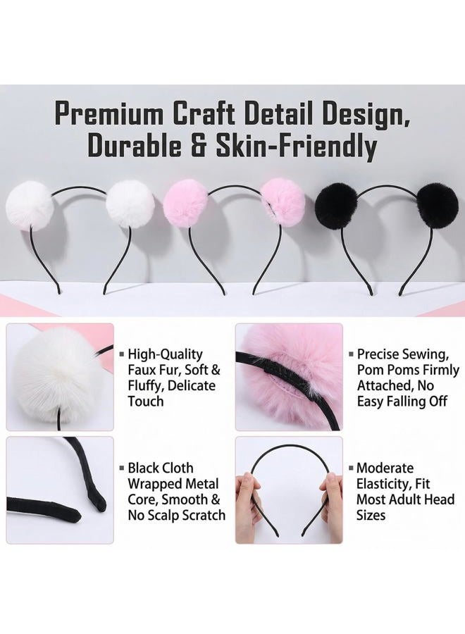 UPSTORE 3PCS Fluffy Pom Ball Headbands Hairband Panda Ears Hair Hoop Headwear Hair Bands Costume Hair Accessories for Birthday Party Halloween Christmas(Black+White+Pink) - Image 5