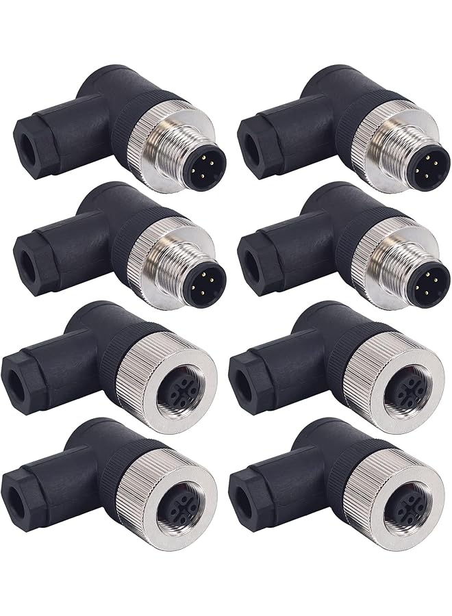 M12 4 Pin Female Connector, 4 Set M12 4 Pin Male & Female Right Angle Socket Panel Aviation Wire Connector,12mm Industrial Circular Connector, Outdoor Waterproof IP67