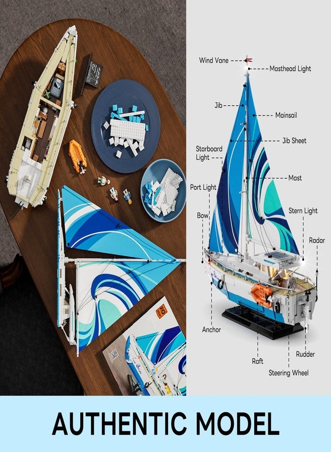 FUNWHOLE La Brisa Sailing Boat with LED Lighting - 1640 Pieces 1:24 Scale Model of a Long Distance Sailboat for Adults, Ideal as a Home Accessory and Collector's Item for Boat Lovers - Image 3