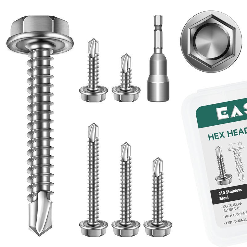 EASTPUK 110Pcs #8 Self Tapping Screws for Metal, 410 Stainless Steel Hex Head Sheet Metal Screws, 1/2" 3/4" 1" 1-1/4" 1-1/2" Self Drilling Screw with Drill Bit - Image 1