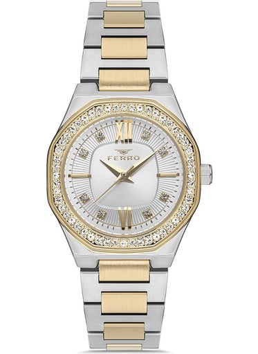 FERRO Women's Silver-Yellow Stone Wristwatch + Original Guaranteed Bracelet with Gift  - Image 5