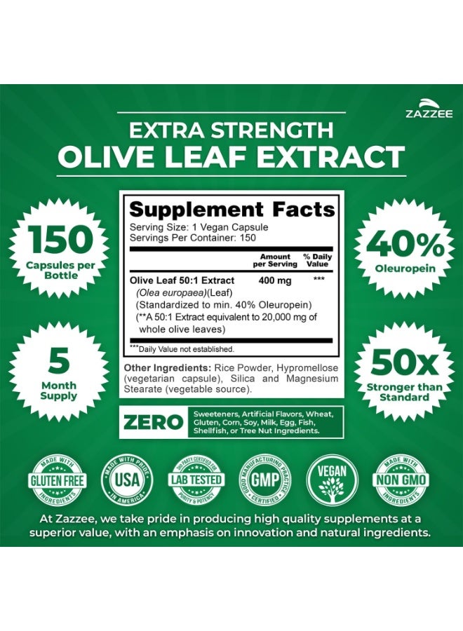Zazzee Strength Olive Leaf 50:1 Extract, 40% Oleuropein, 150 Capsules - Image 2