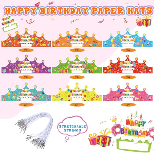 Faccito 36 Pcs Birthday Crowns for Kids Classroom Bulk Happy Birthday Paper Hats with Elastic Band for Classroom Preschool Kindergarten Elementary School Vbs Party Supplies - Image 5