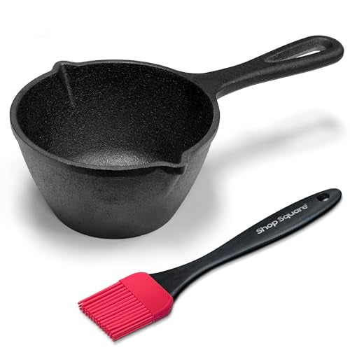 Shop Square Small Cast Iron Basting Pot with Silicone BBQ Brush – Cast Iron Saucepan for Grilling, Smoking, Butter Melting Pot, 15 Oz - Image 1