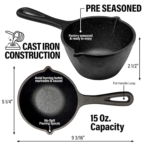 Shop Square Small Cast Iron Basting Pot with Silicone BBQ Brush – Cast Iron Saucepan for Grilling, Smoking, Butter Melting Pot, 15 Oz - Image 2