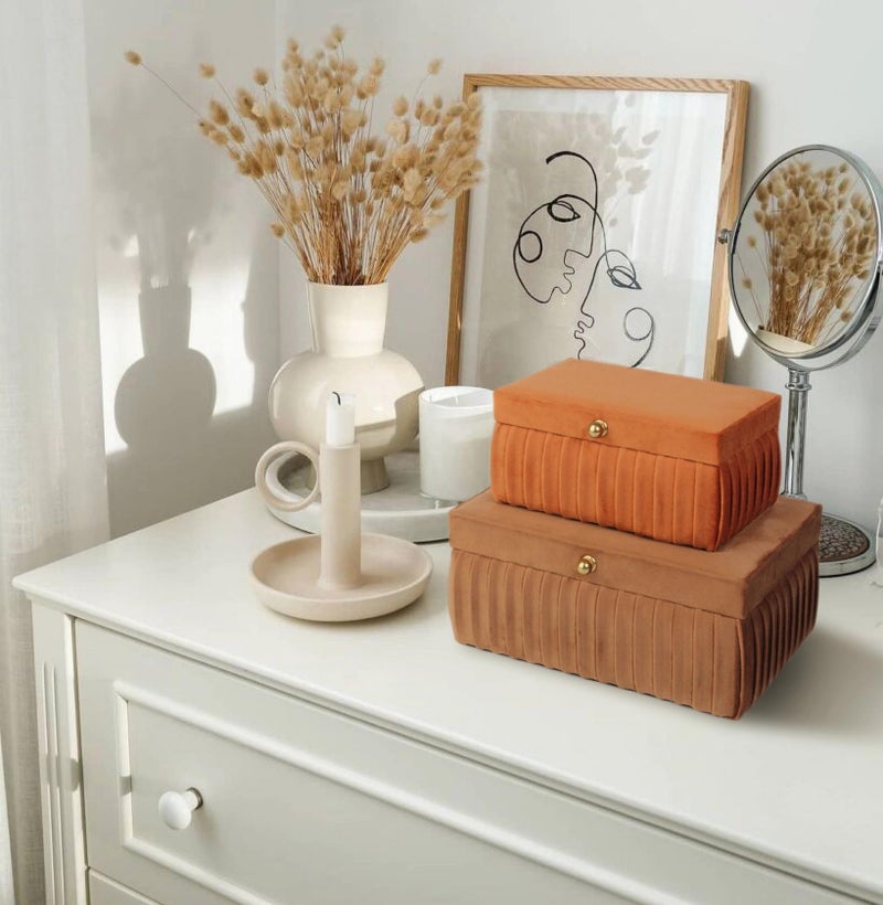 HofferRuffer Velvet Decorative Boxes, Jewelry Boxes Storage Accessory Organizer Boxes with Elegant Handle Decor, Classic Velvet Set of 2 Pieces (Brown) - Image 3