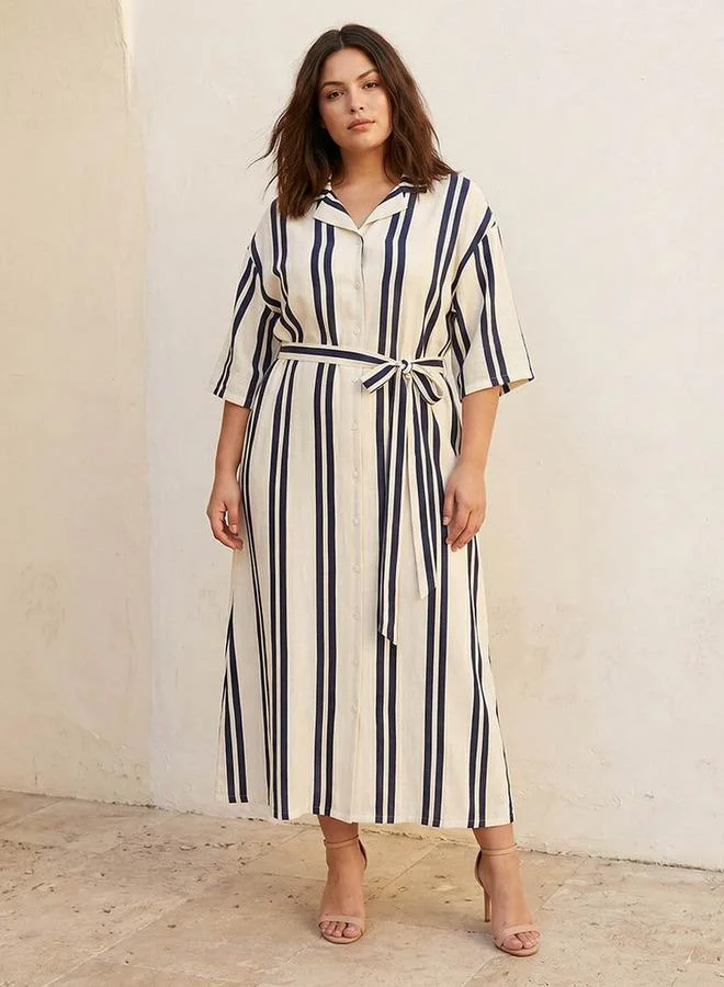  أولا بوبكن Ulla Popken Striped Women Shirt Dress with Tie Up Belt