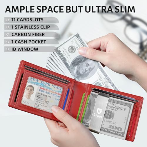 GSOIAX Men's Slim RFID Blocking Leather Wallet with Money Clip Minimalist Carbon Fiber Bifold Credit Card Holder 11 Card Slots Gift Box Included(Leather red) - Image 3