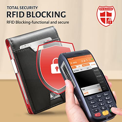 GSOIAX Men's Slim RFID Blocking Leather Wallet with Money Clip Minimalist Carbon Fiber Bifold Credit Card Holder 11 Card Slots Gift Box Included(Leather red) - Image 4
