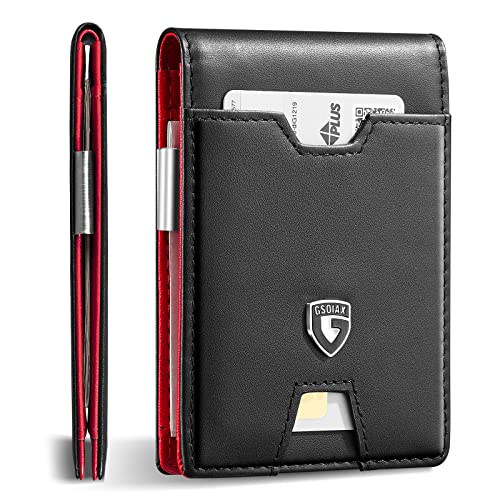 GSOIAX Men's Slim RFID Blocking Leather Wallet with Money Clip Minimalist Carbon Fiber Bifold Credit Card Holder 11 Card Slots Gift Box Included(Leather red) - Image 1