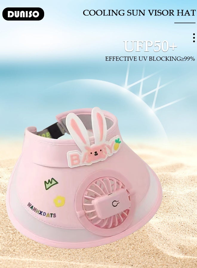 DUNISO Kids Sun Visor Hat with Fan Cartoon Cute Pink Rabbit Breathable Sunscreen Empty Top Hat Summer Cooling Fan Hat Outdoor Mini Fan Hat for Outdoor Beach Large Area Sun Protection UV Protection  - Image 4