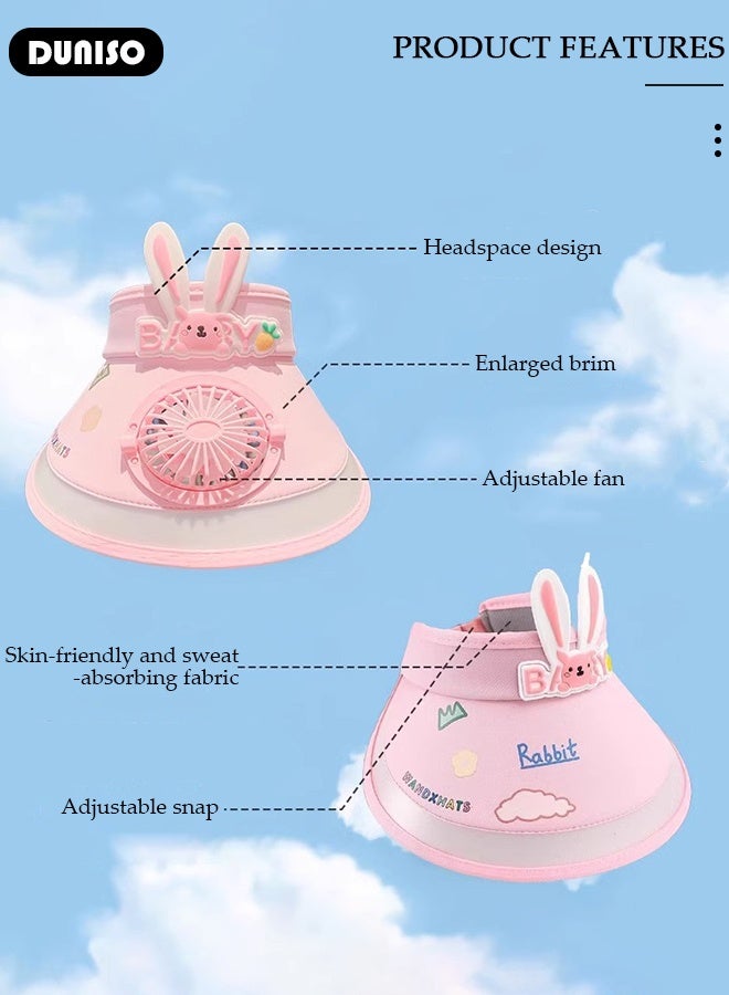 DUNISO Kids Sun Visor Hat with Fan Cartoon Cute Pink Rabbit Breathable Sunscreen Empty Top Hat Summer Cooling Fan Hat Outdoor Mini Fan Hat for Outdoor Beach Large Area Sun Protection UV Protection  - Image 2