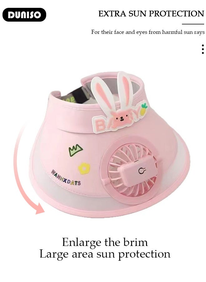 DUNISO Kids Sun Visor Hat with Fan Cartoon Cute Pink Rabbit Breathable Sunscreen Empty Top Hat Summer Cooling Fan Hat Outdoor Mini Fan Hat for Outdoor Beach Large Area Sun Protection UV Protection  - Image 5