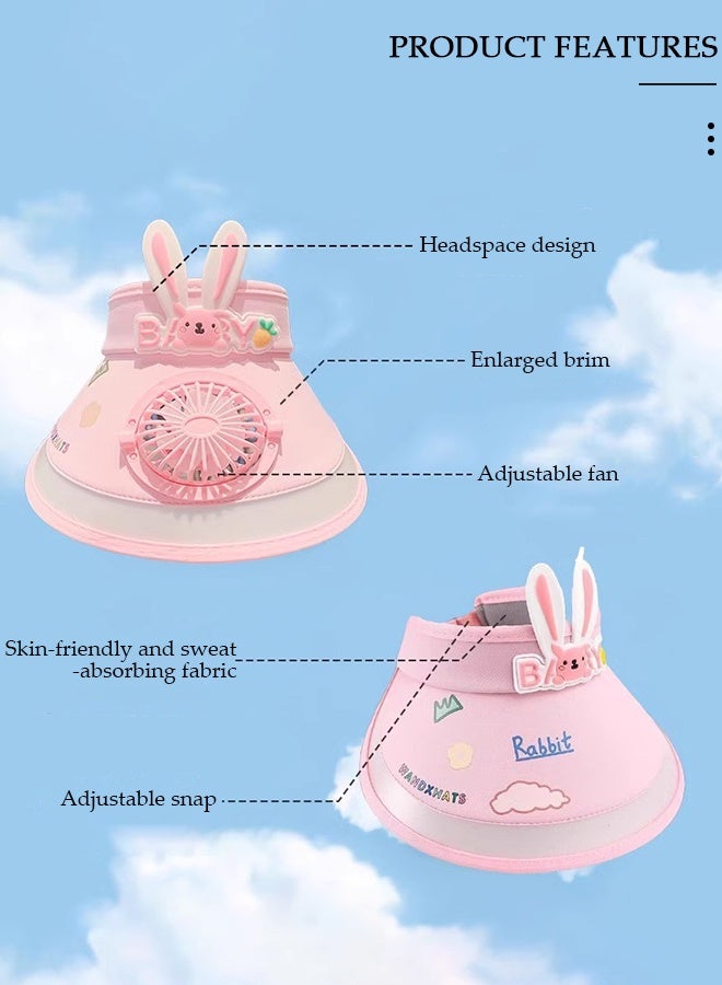 DUNISO Kids Sun Visor Hat with Fan Cartoon Cute Pink Rabbit Breathable Sunscreen Empty Top Hat Summer Cooling Fan Hat Outdoor Mini Fan Hat for Outdoor Beach Large Area Sun Protection UV Protection - Image 2