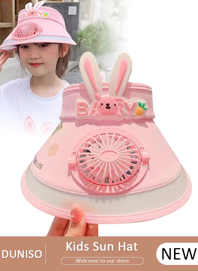 DUNISO Kids Sun Visor Hat with Fan Cartoon Cute Pink Rabbit Breathable Sunscreen Empty Top Hat Summer Cooling Fan Hat Outdoor Mini Fan Hat for Outdoor Beach Large Area Sun Protection UV Protection - Image 1