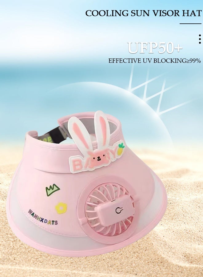 DUNISO Kids Sun Visor Hat with Fan Cartoon Cute Pink Rabbit Breathable Sunscreen Empty Top Hat Summer Cooling Fan Hat Outdoor Mini Fan Hat for Outdoor Beach Large Area Sun Protection UV Protection - Image 4