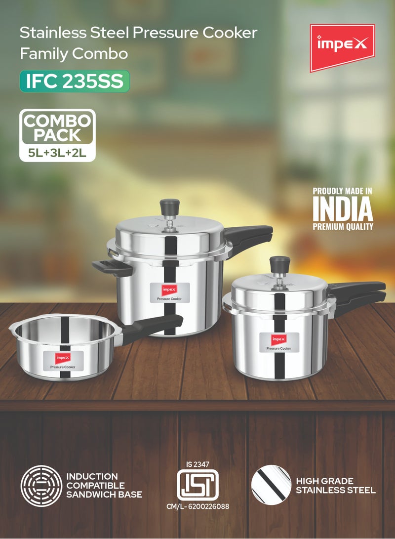 Impex 5, 3, 2Liters Impex Migo Stainless Steel Pressure Cooker Combo - 5L, 3L, 2L | Outer Lid | Induction & Gas Compatible | Anti-Bulging Base | Lead-Free Safety Valve | High Heat Efficiency | Sandwich Bottom | Ifc 235Ss silver - Image 2