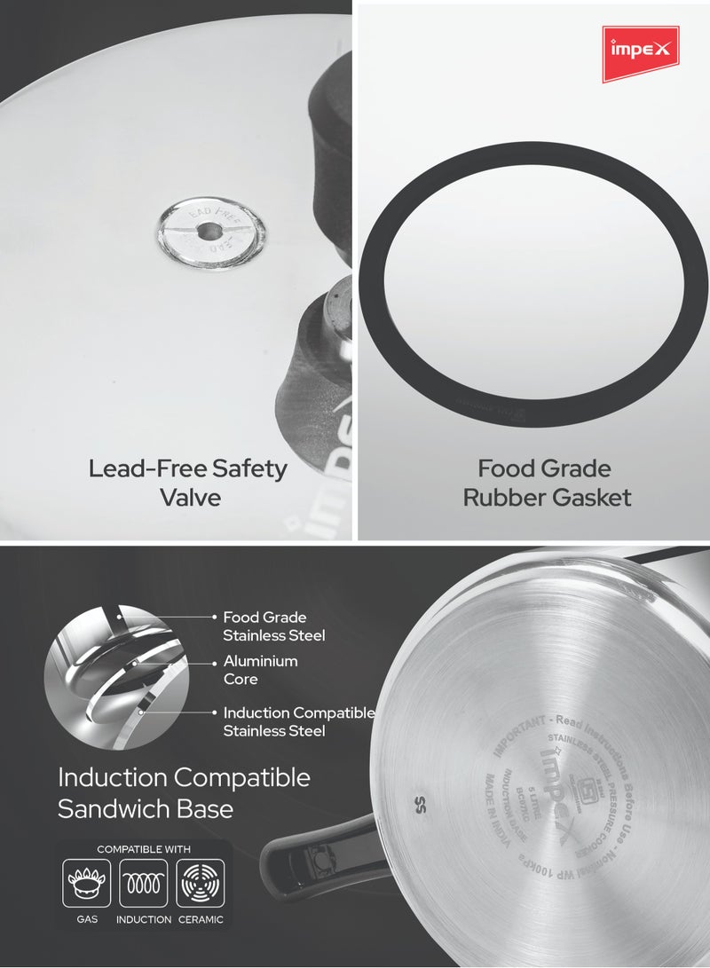 Impex 5, 3, 2Liters Impex Migo Stainless Steel Pressure Cooker Combo - 5L, 3L, 2L | Outer Lid | Induction & Gas Compatible | Anti-Bulging Base | Lead-Free Safety Valve | High Heat Efficiency | Sandwich Bottom | Ifc 235Ss silver - Image 4