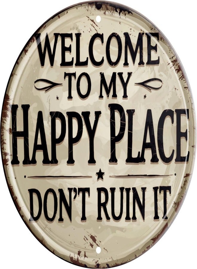 CSWLJS Welcome Sign for Front Door Round Metal Welcome to My Happy Place Plaque for Home Office Bedroom Kitchen Dining or Bar Decor 8x8 In - Image 1