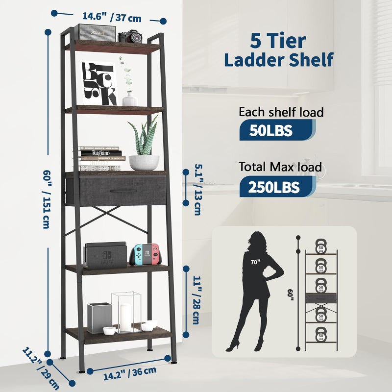 Whitmor 5-Tier Bookshelf with Drawer, Tall Narrow Bookcase with Wood Shelves & Metal Frame, Modern Display Storage Shelf for Living Room, Bedroom, Bathroom, Kitchen, Black - Image 2