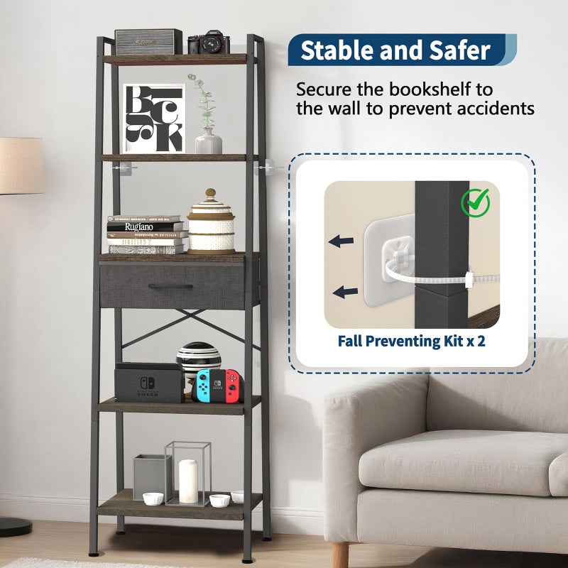 Whitmor 5-Tier Bookshelf with Drawer, Tall Narrow Bookcase with Wood Shelves & Metal Frame, Modern Display Storage Shelf for Living Room, Bedroom, Bathroom, Kitchen, Black - Image 4