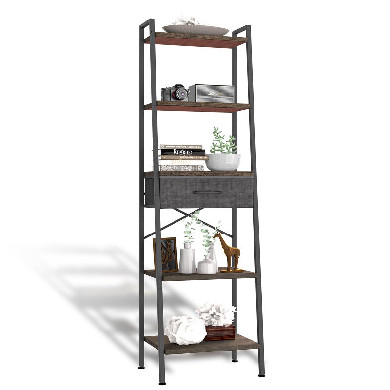 Whitmor 5-Tier Bookshelf with Drawer, Tall Narrow Bookcase with Wood Shelves & Metal Frame, Modern Display Storage Shelf for Living Room, Bedroom, Bathroom, Kitchen, Black - Image 1