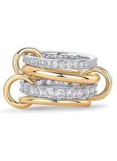 14K Gold Plated Interlocked Stackable Rings for Women | Statement Multi Ring Mixed Metals Stack | Cubic Zirconia Two-Toned Stacking Jewelry Size 7