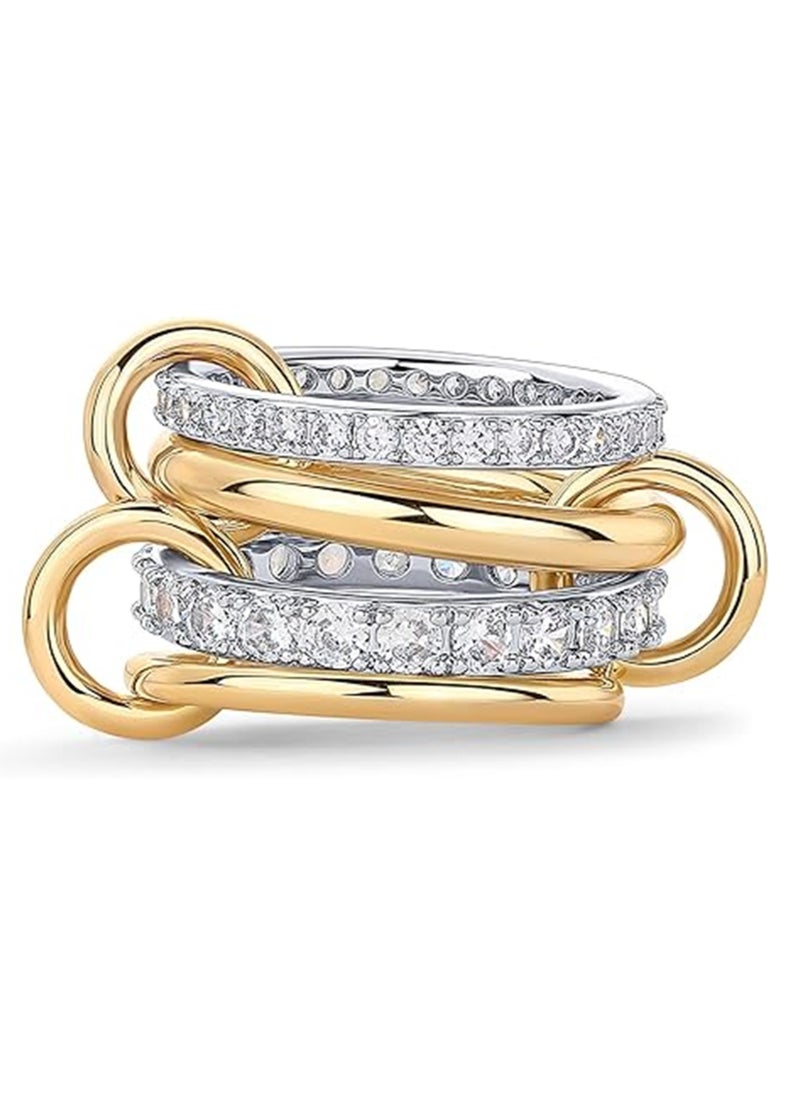 Generic 14K Gold Plated Interlocked Stackable Rings for Women | Statement Multi Ring Mixed Metals Stack | Cubic Zirconia Two-Toned Stacking Jewelry Size 7  - Image 1