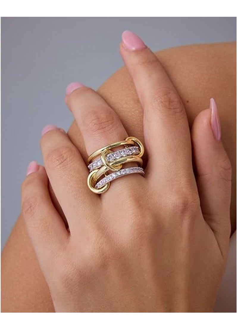 Generic 14K Gold Plated Interlocked Stackable Rings for Women | Statement Multi Ring Mixed Metals Stack | Cubic Zirconia Two-Toned Stacking Jewelry Size 7  - Image 4