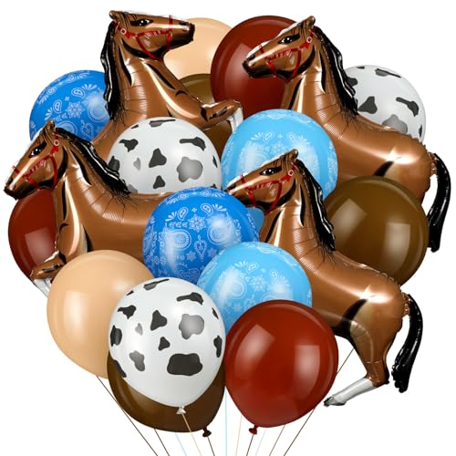 Hungdao 52 Pcs Western Party Horse Balloons Cowboy Decoration Kit Blue Brown Rodeo Farm Bandana Cowgirl Foil Latex Balloons Bulk for Baby Shower Birthday Arch Decor - Image 1