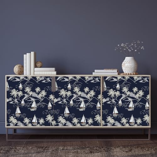 VaryStyle 177x393 Coastal Peel and Stick Wallpaper Navy BlueWhite Ocean Nautical Wallpaper for Bedroom Bathroom Waterproof Vinyl Self Adhesive Wallpaper Navy Blue Contact Paper for Shelves Walls - Image 3