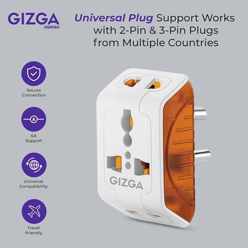 Gizga Essentials 3 Pin Multi Plug Socket | Universal Travel Adaptor with Multiple Charging Ports, 6A Support, Compact Design | for Laptop, Smartphone, Hair Dryer, Iron - Image 2