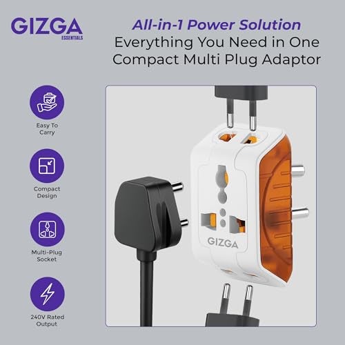 Gizga Essentials 3 Pin Multi Plug Socket | Universal Travel Adaptor with Multiple Charging Ports, 6A Support, Compact Design | for Laptop, Smartphone, Hair Dryer, Iron - Image 3