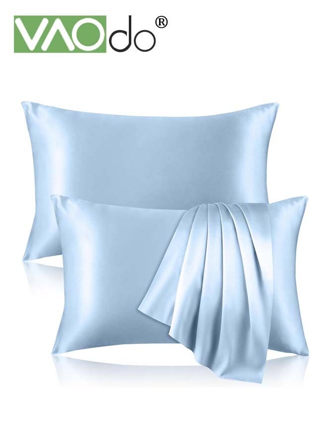 VAOdo 2 Pack Satin Silk Pillowcase for Hair and Skin Both Sides Pillowcases Cooling Breathable No Frizzy Hair Pillowcase Light Blue  - Image 1