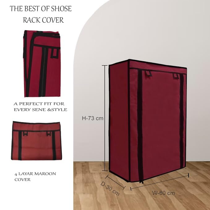 PHILOSHOP 4 Layer Shoe Rack Cover Only – Maroon Portable Foldable Non-Woven Zipper Fabric Cover for Shoe Stand – Dustproof, Breathable Shoe Organizer - Image 3