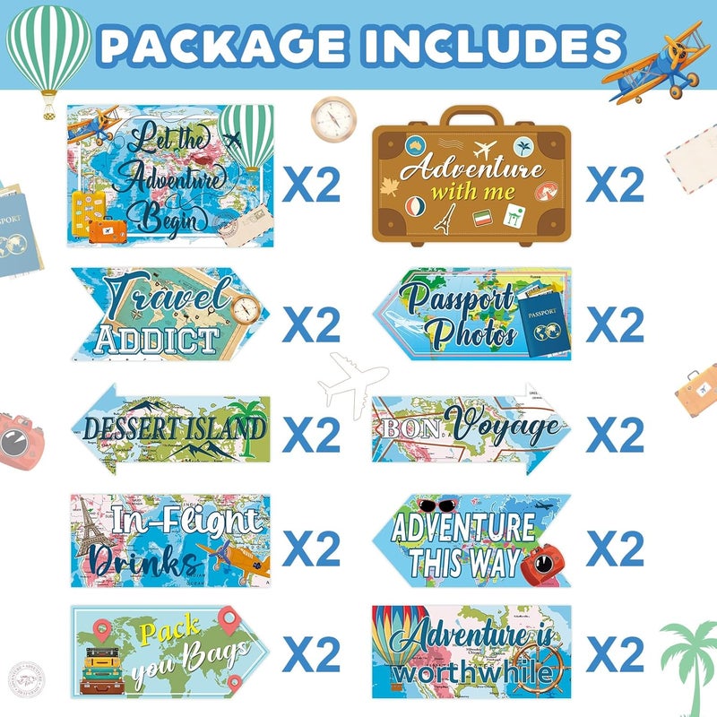 Abilat 20 Pcs Travel Party Decorations Let The Adventure Begin Signs Around The World Decorations Bon Voyage Travel Theme Party Supplies for Door Wall Yard Signs - Image 2