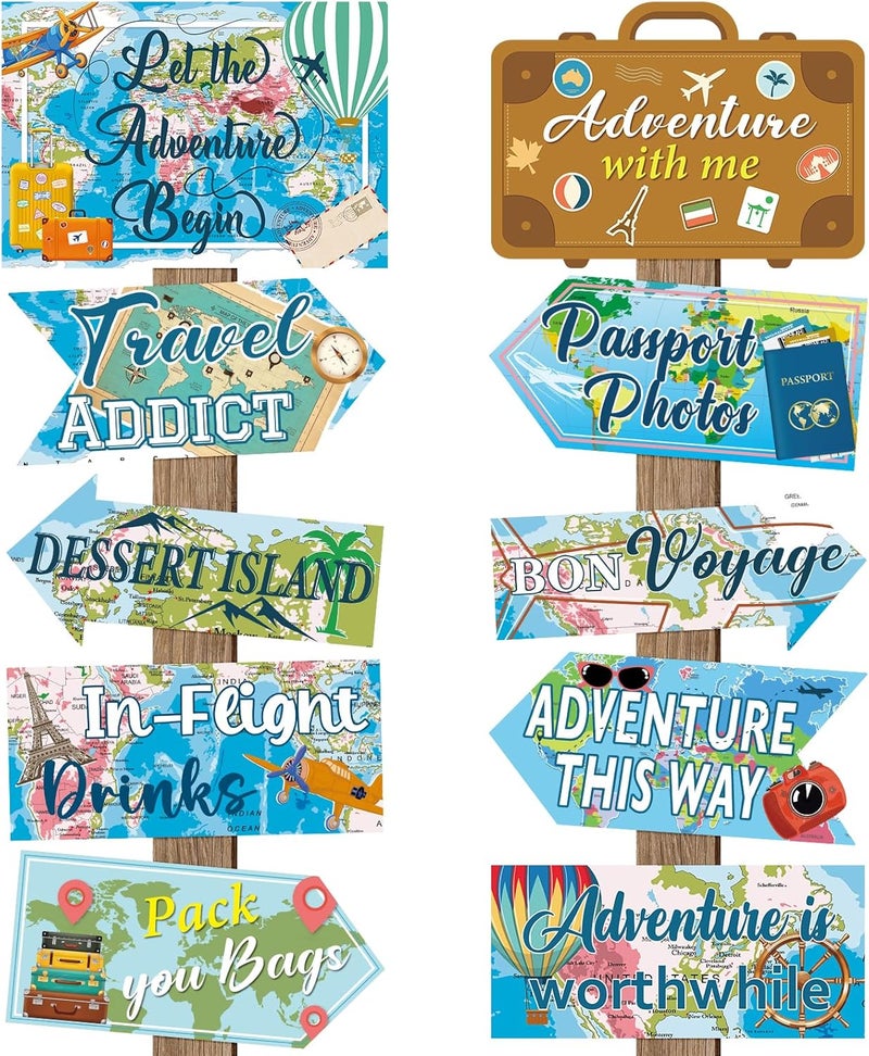 Abilat 20 Pcs Travel Party Decorations Let The Adventure Begin Signs Around The World Decorations Bon Voyage Travel Theme Party Supplies for Door Wall Yard Signs - Image 1