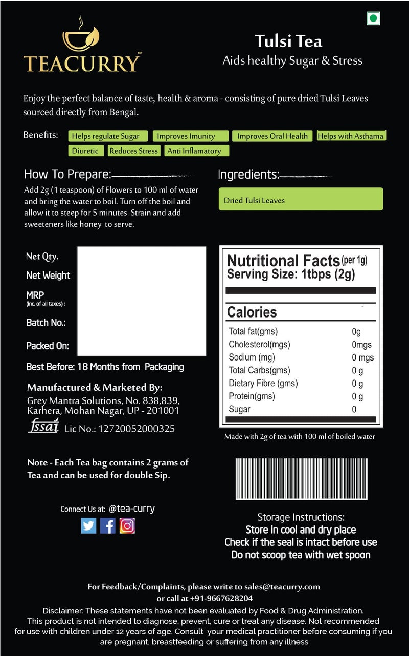 TEACURRY Tulsi Tea (1 Month Pack, 100 Grams) + Infuser - Helps with Blood Sugar, Dental health & Stress - Image 3