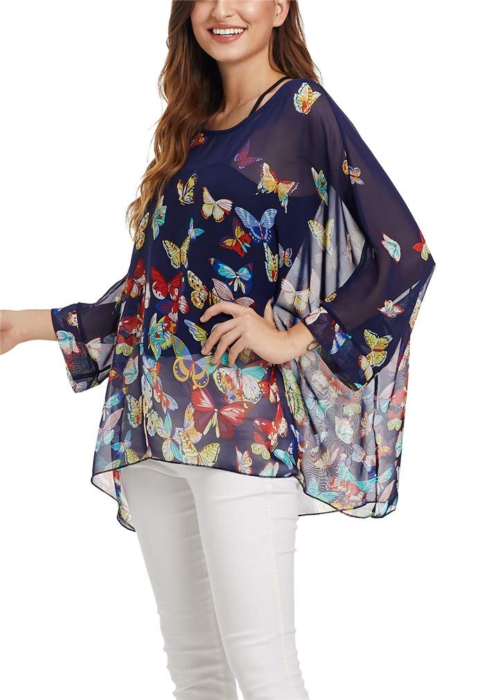 Vanbuy Womens Butterfly Print Batwing Sleeve Top Chiffon Poncho Flowy Loose Sheer Blouse Shirt Tunic Z336-43-4368 - Image 3