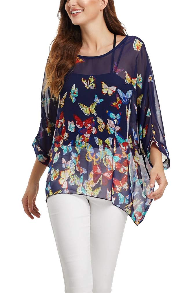 Vanbuy Womens Butterfly Print Batwing Sleeve Top Chiffon Poncho Flowy Loose Sheer Blouse Shirt Tunic Z336-43-4368 - Image 2