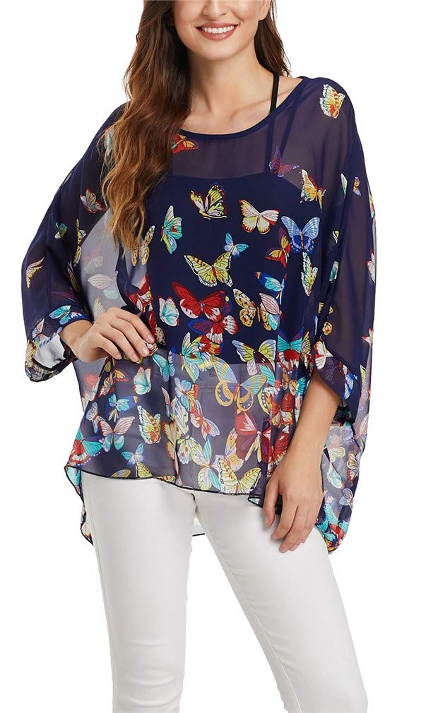 Vanbuy Womens Butterfly Print Batwing Sleeve Top Chiffon Poncho Flowy Loose Sheer Blouse Shirt Tunic Z336-43-4368 - Image 1