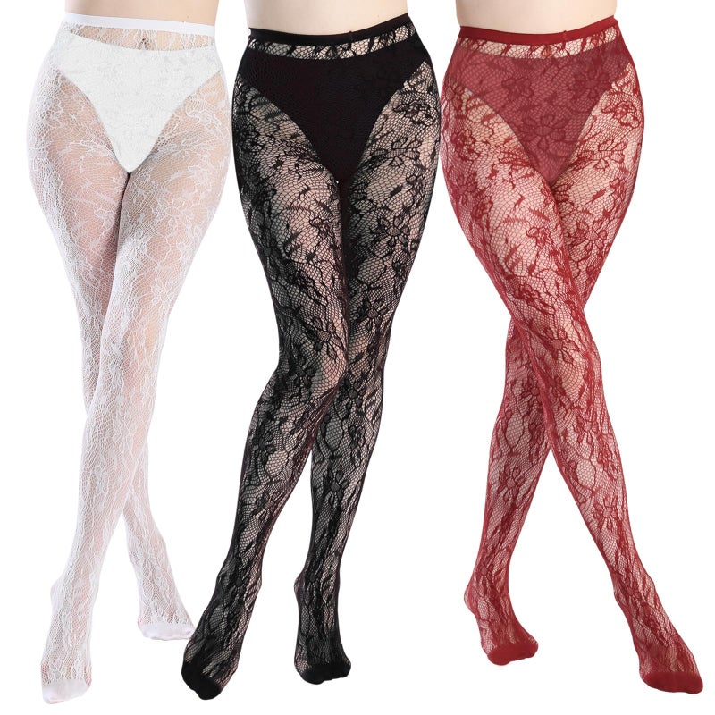 SERAPHY Patterned Tights Black White Lace Tights for Women Floral Fishnet Stockings Lace Pantyhose Leggings for Halloween & Daily Black and White and Red Floral - Image 1