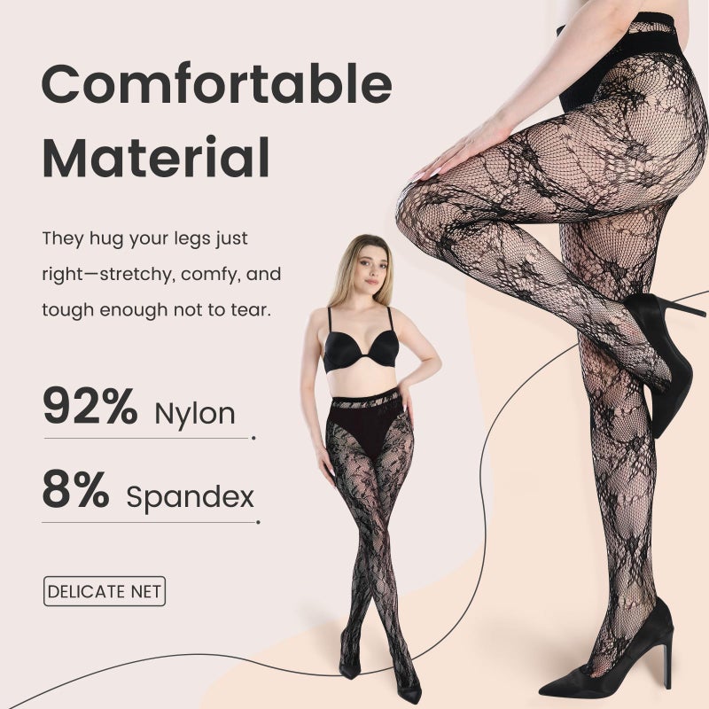 SERAPHY Patterned Tights Black White Lace Tights for Women Floral Fishnet Stockings Lace Pantyhose Leggings for Halloween & Daily Black and White and Red Floral - Image 2
