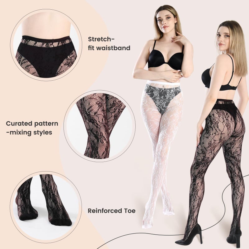 SERAPHY Patterned Tights Black White Lace Tights for Women Floral Fishnet Stockings Lace Pantyhose Leggings for Halloween & Daily Black and White and Red Floral - Image 3