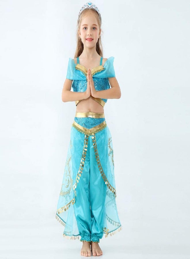 Yosbabe فستان تنكر للأميرات جاسمين العربية للفتيات مع باروكة - زي حفلة الهالوين للأطفال (130(5-6T)) - Image 5