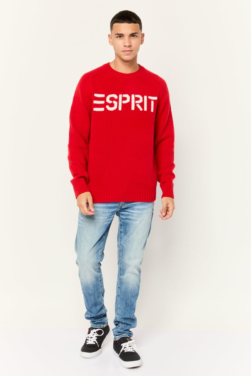 ESPRIT Men Ribbed Collar Long Sleeves Embroidered Logo Sweaters, Red - Image 3