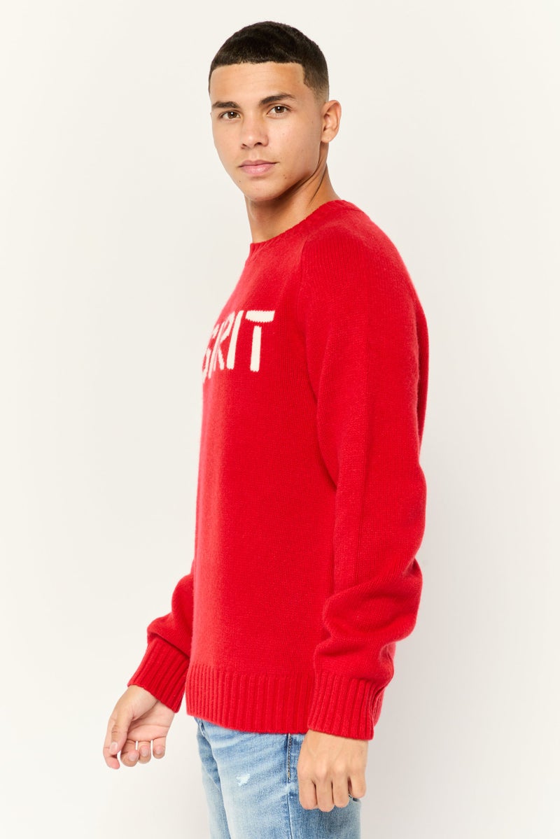 ESPRIT Men Ribbed Collar Long Sleeves Embroidered Logo Sweaters, Red - Image 2