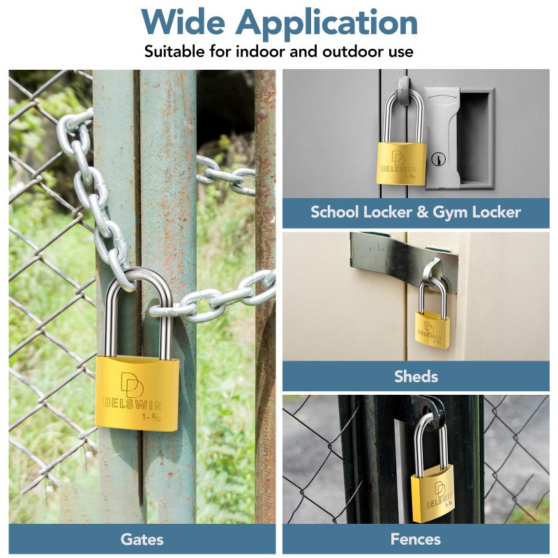 DELSWIN Weatherproof Padlock with Key (Keyed Alike) - Heavy Duty Solid Brass Locker Lock with 1-9/16" Long Shackle, Marine Grade Pad Lock for Outdoor Gate, Fence, Shed (2 Pack) - Image 5