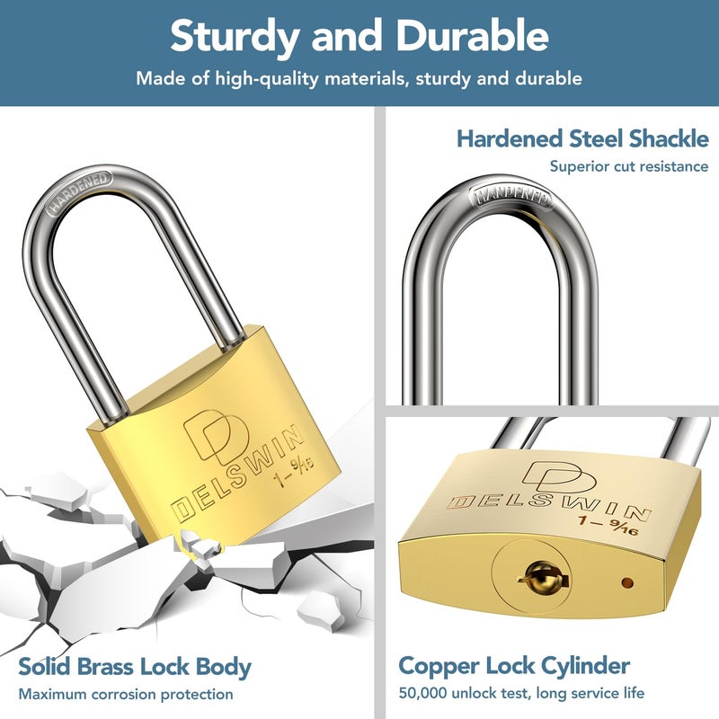 DELSWIN Weatherproof Padlock with Key (Keyed Alike) - Heavy Duty Solid Brass Locker Lock with 1-9/16" Long Shackle, Marine Grade Pad Lock for Outdoor Gate, Fence, Shed (2 Pack) - Image 2