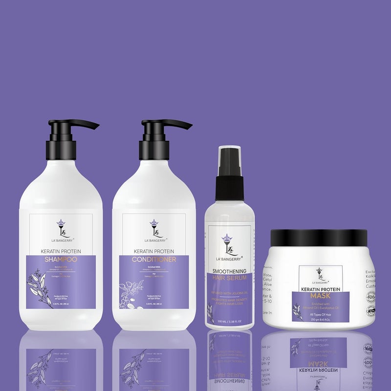 LA'BANGERRY LABANGERRY Keratin Hair Combo Kit  Keratin Hair ShampooConditioner Mask and Serum Infused with Keratin Almond Oil Jojoba Oil for Curly Wavy and Straight Hair  Sulfate Free Shampoo for Dry Damaged or Color Treated Hair  Reduces Dandruff  Made in India - Image 1